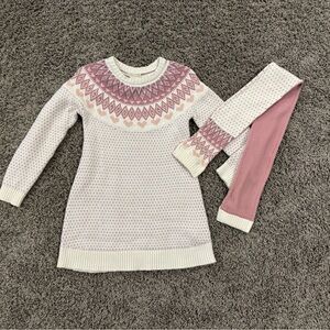 Cynthia Rowley Pink and White fair isle Sweater Dress with scarf, size med 7-8